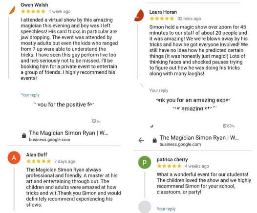 Recent reviews on google for 5 star virtual magic